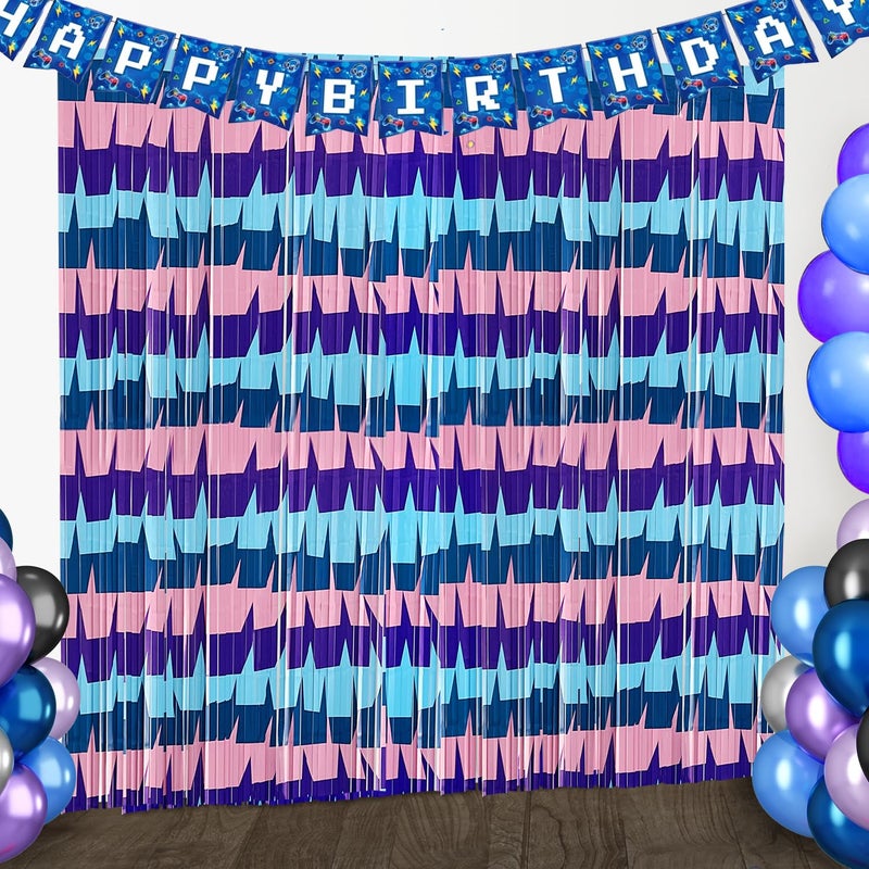 partyzoa Video Game Foil Fringe Curtains Backdrop Birthday Party Decorations, 2 Pack 3.28 x 6.56 Ft Purple Blue Pink Tinsel Streamer Photo Booth Props for Boys Gaming Baby Shower Party Decor Supplies Favors - Image 1